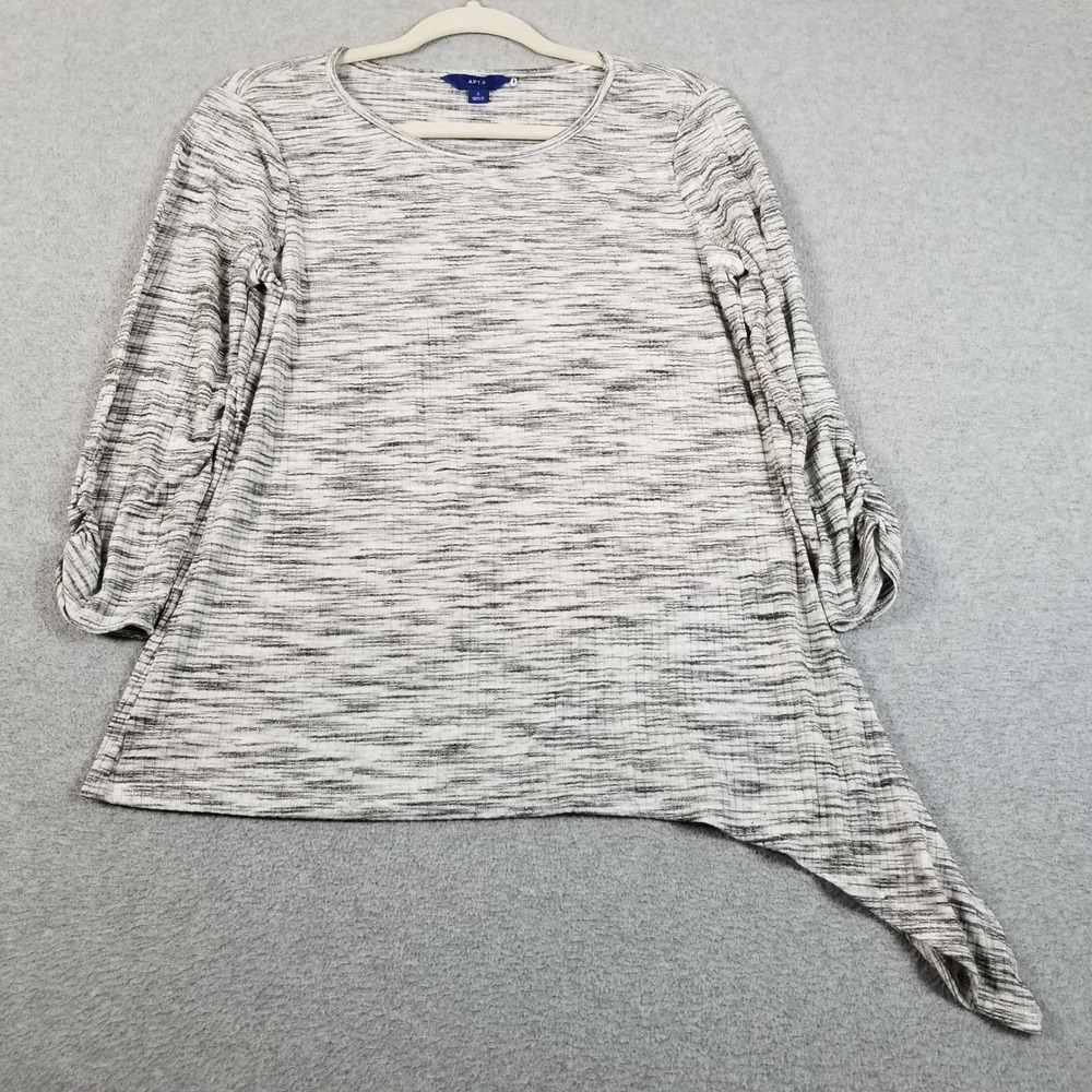 Apt. 9 Tunic Top Women S Small White Black Space Dye‎ 3/4 Ruched Sleeves Stretch
